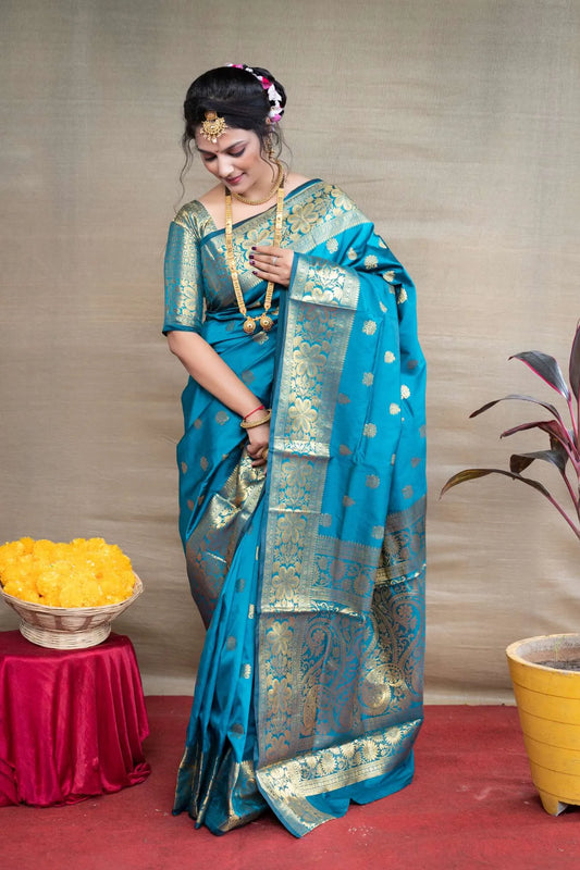 Light Blue Colour Zari Weaving Banarasi Silk Saree