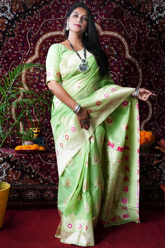 Light Green Colour Designer Woven Linen Silk Saree