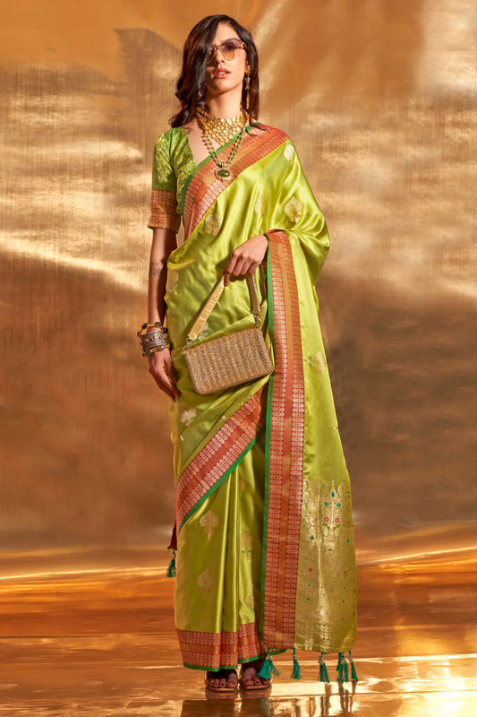 Light Green Colour Contrast Handloom Weaving Satin Silk Saree