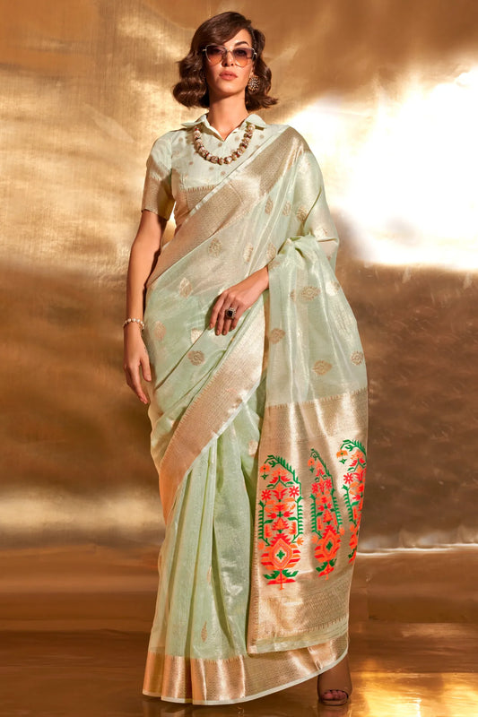 Latest Designer Light Green Colour Organza Soft Silk Saree