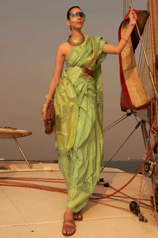 Light Green Colour Tassels Designer Satin Silk Saree 