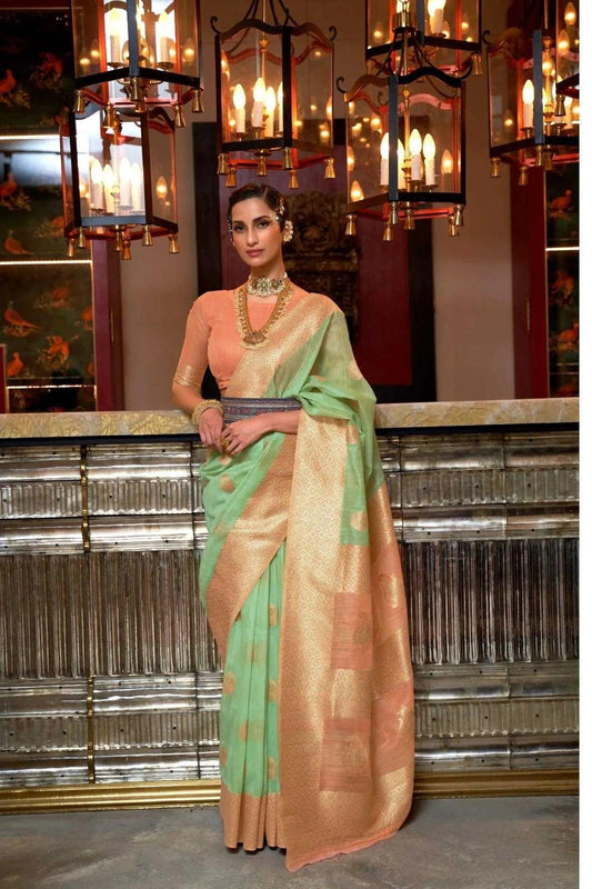 Light Green Colour Zari Weaving Linen Silk Saree