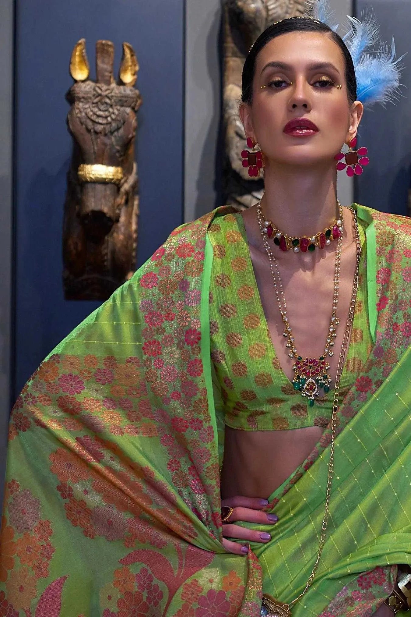 Light Green Colour Zari Woven Bollywood Style Organza Silk Saree