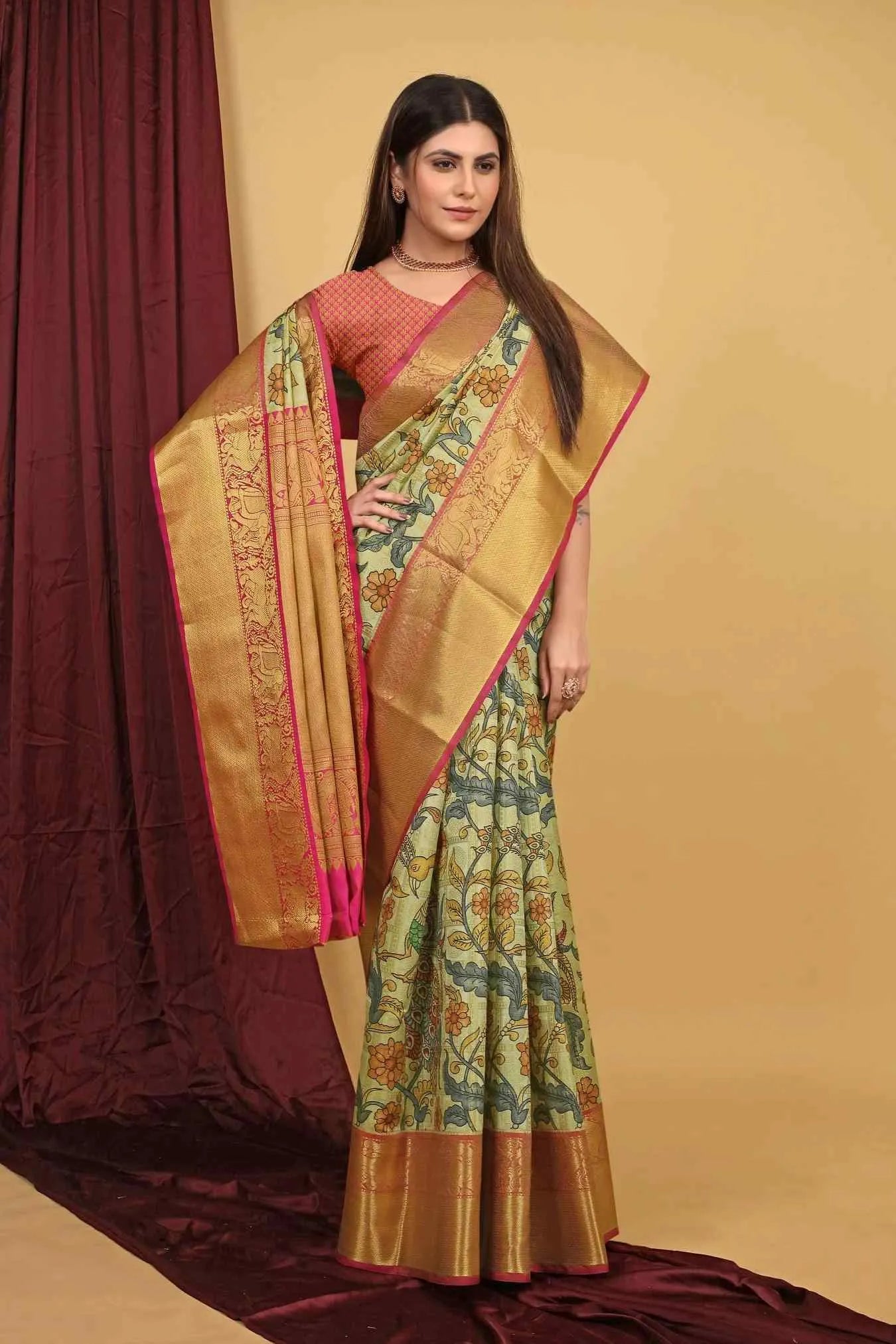 Light Green Colour Zari Woven Kanjivaram Kalamkari Soft Silk Saree