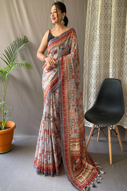 Light Grey Colour Kalamkari Printed Malai Cotton Silk Saree