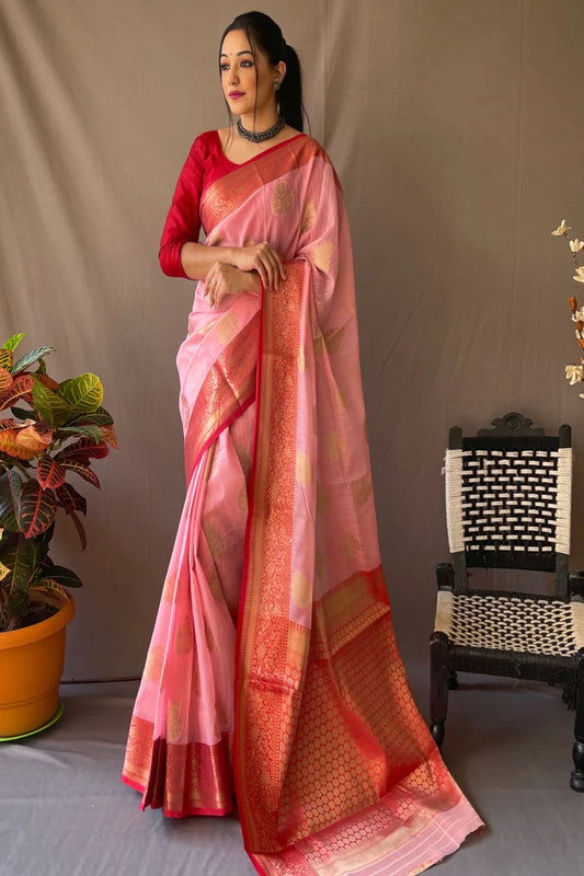 Light Pink Colour Handwoven Linen Silk Saree