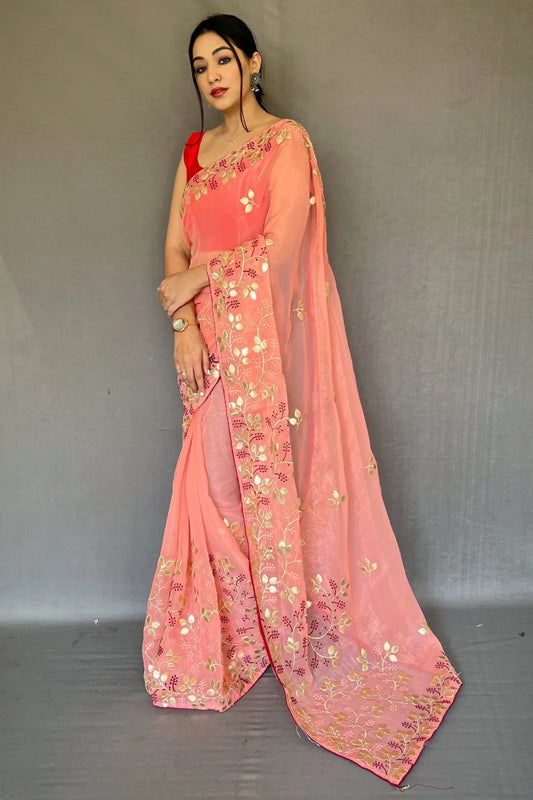 Light Pink Colour Organza Gota Patti Embroidered Silk Saree