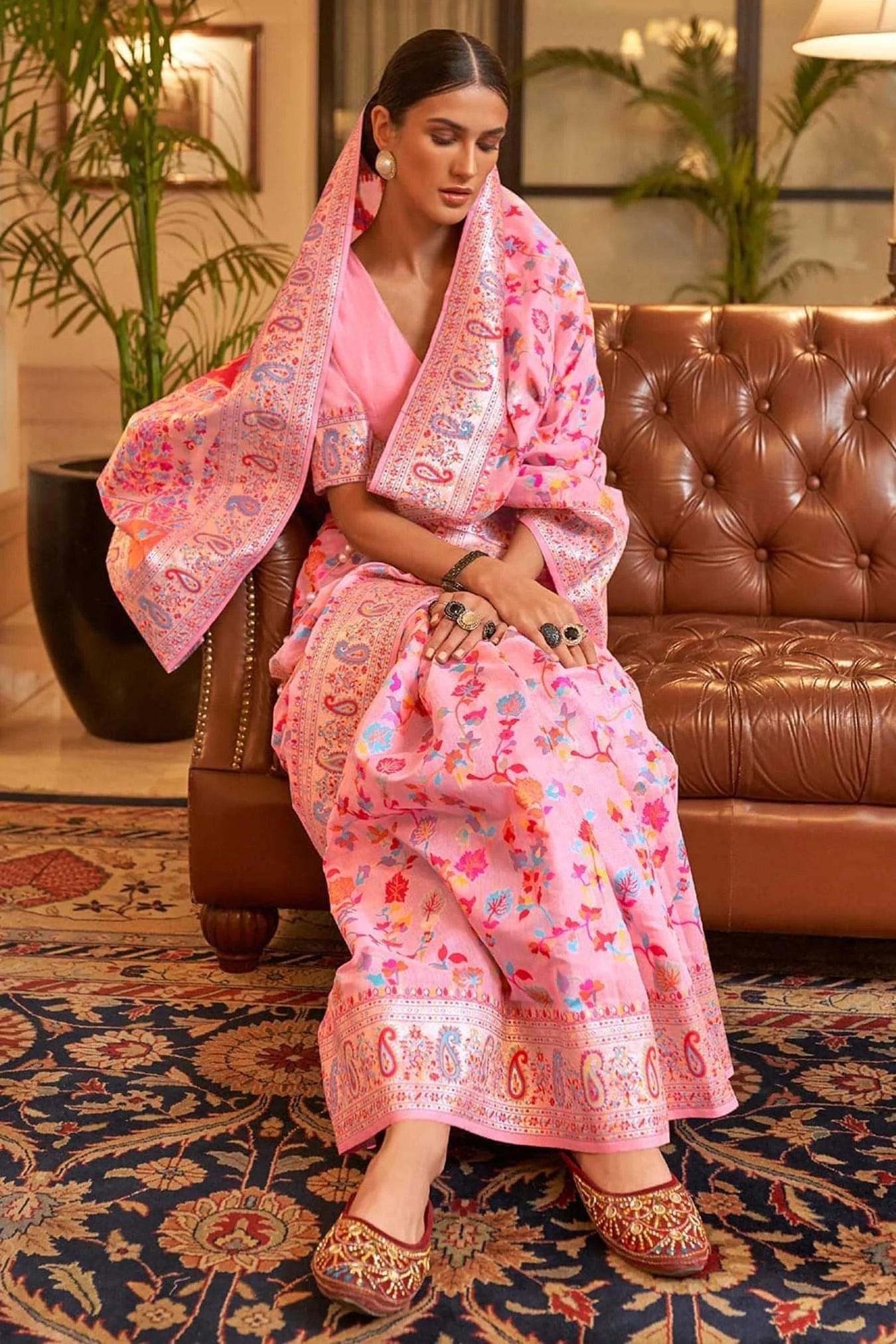 Light Pink Colour Wedding Wear Kashmiri Silk Saree