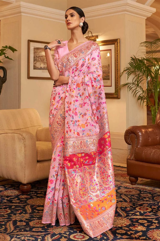 Light Pink Colour Wedding Wear Kashmiri Silk Saree