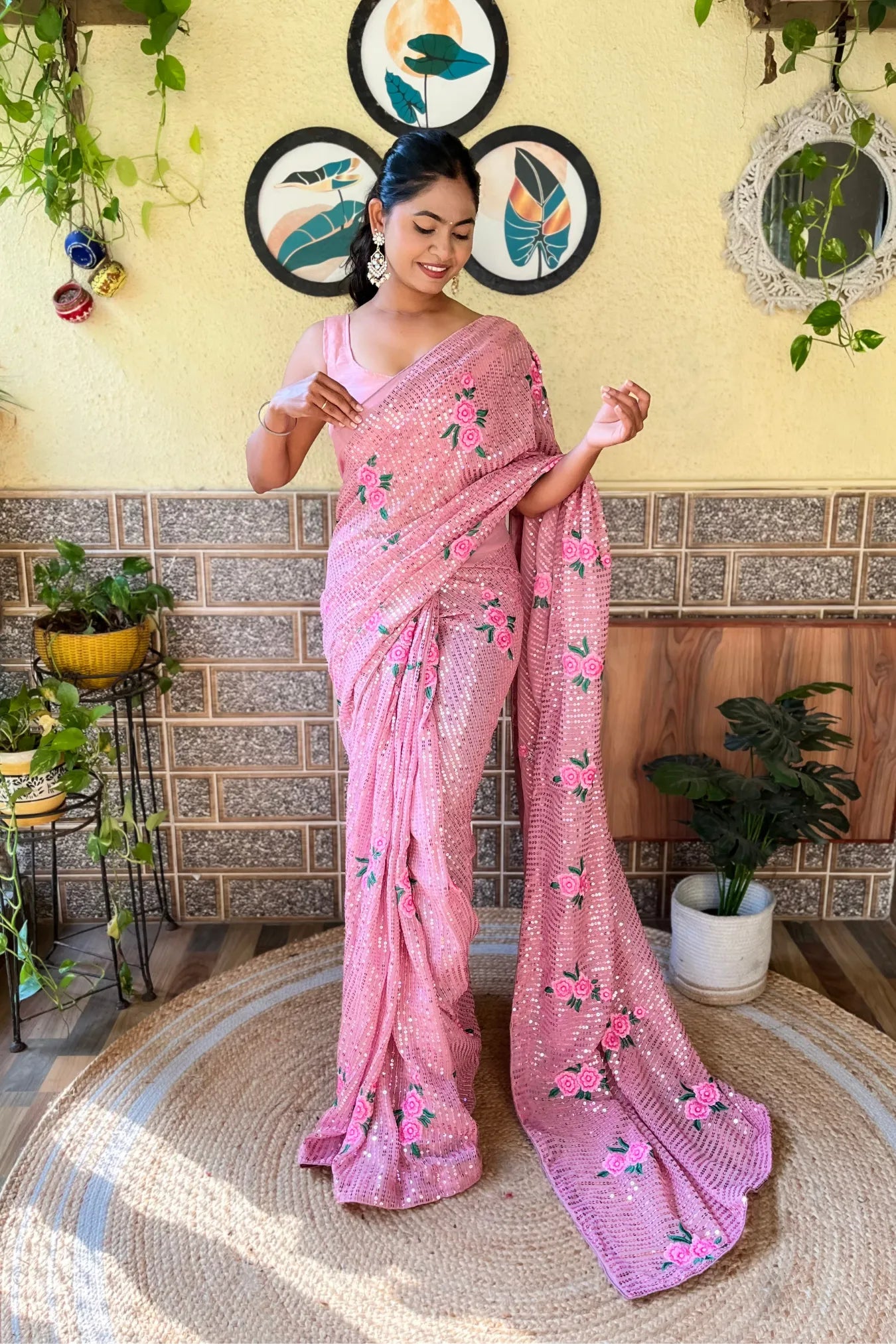 Light Pink Colour Georgette Sequence Embroidery Work Silk Saree