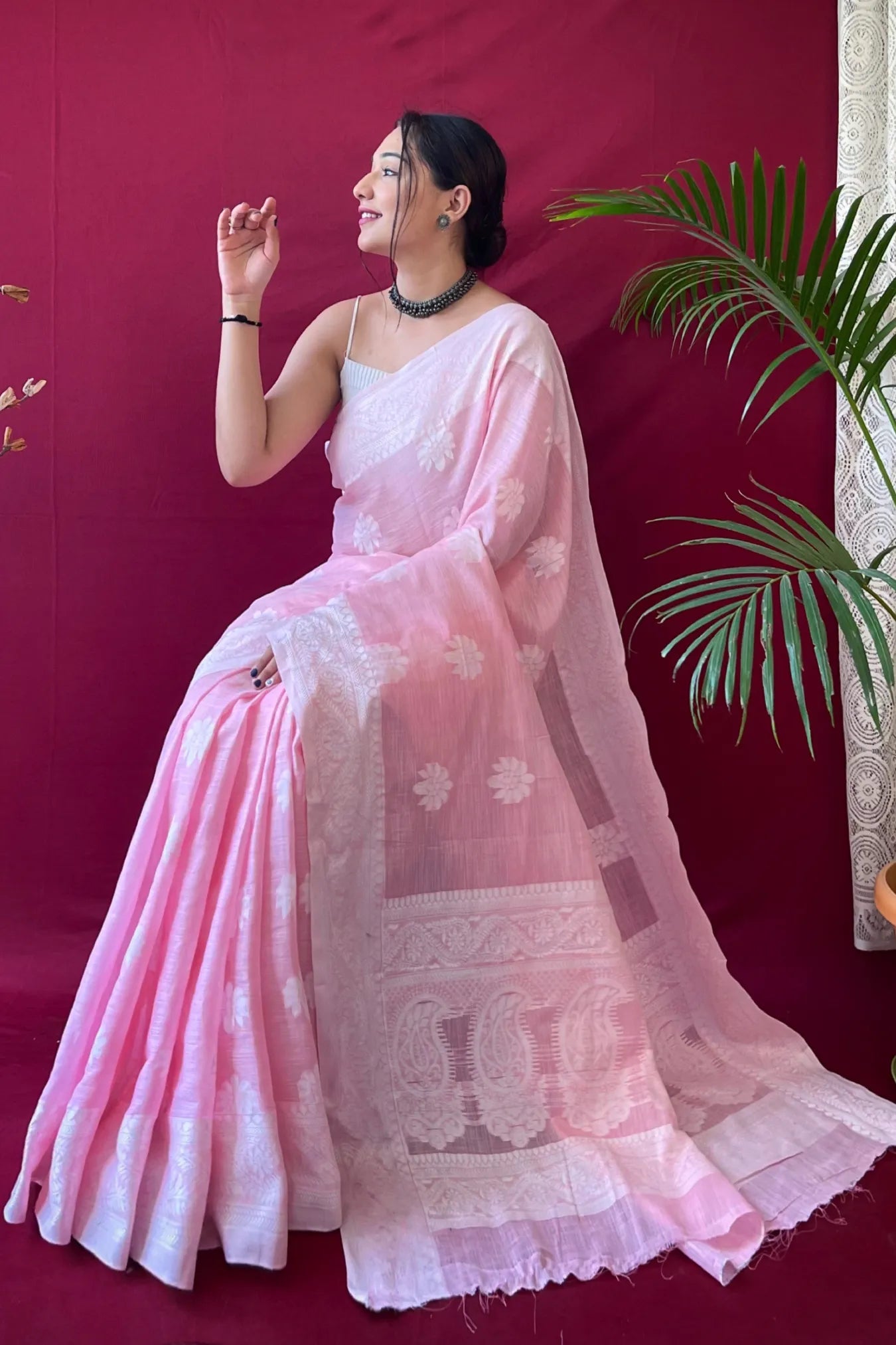 Light Pink Colour Lucknowi Linen Cotton Silk Saree