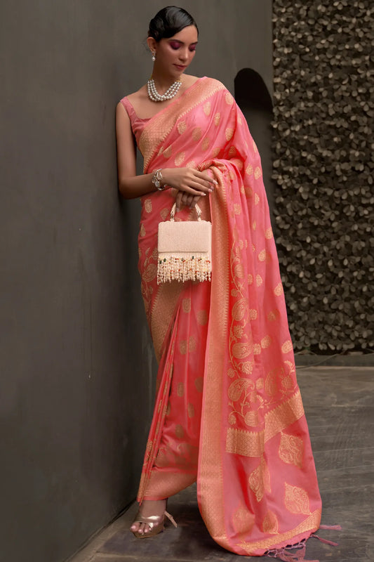 Light Pink Colour Zari Woven Banarasi Soft Cotton Silk Saree