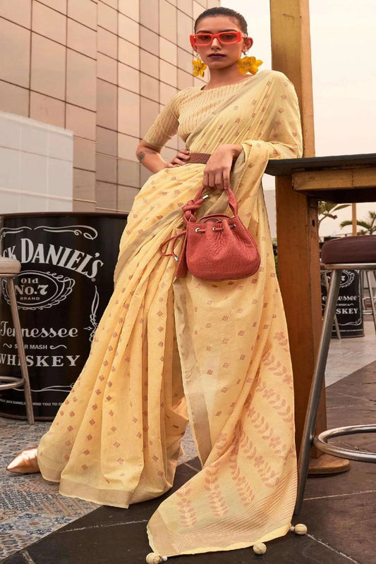 Light Yellow Colour Banarasi Cotton Silk Saree