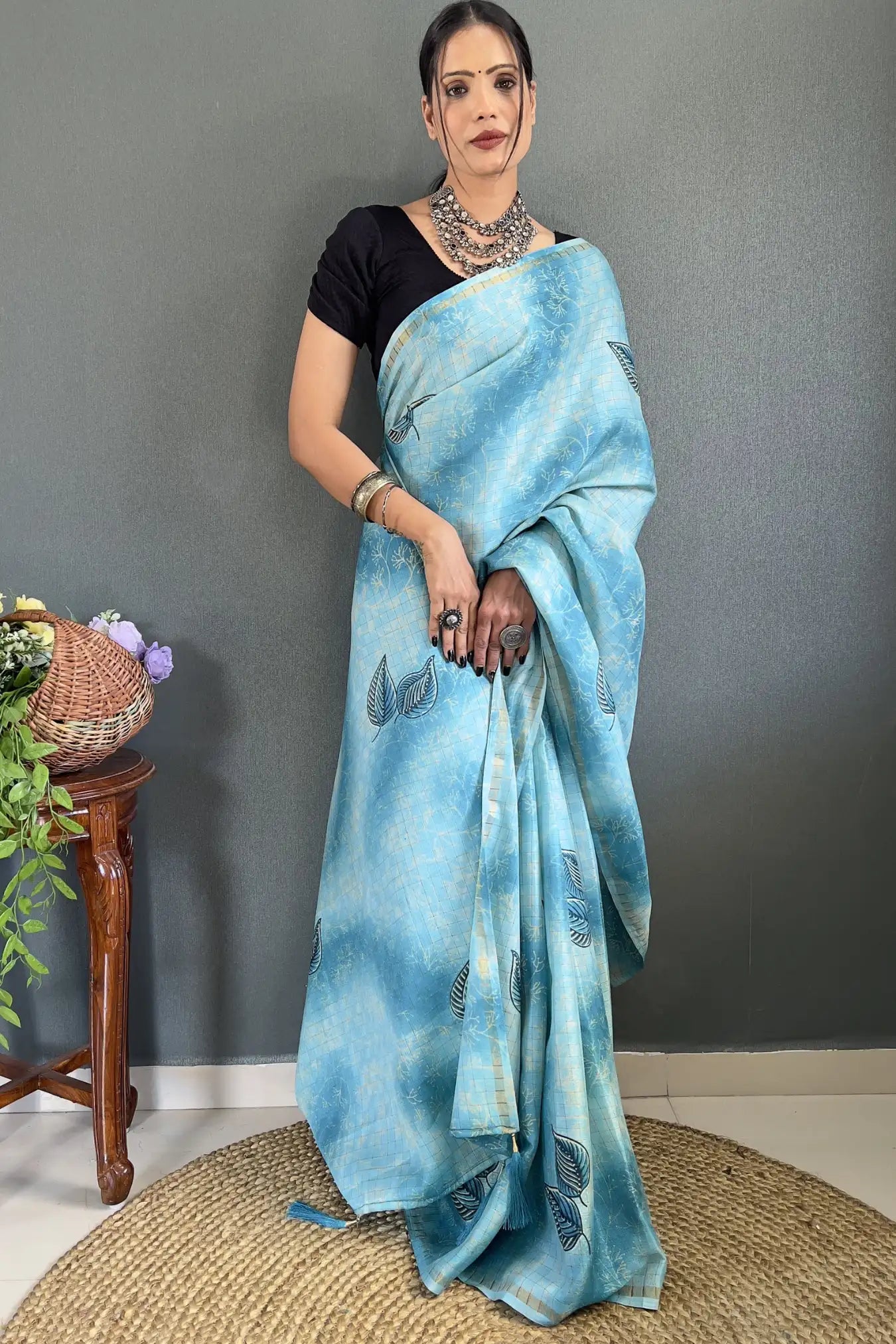 Light Blue Colour Digital Printed Silk Cotton Ready To Wear Saree