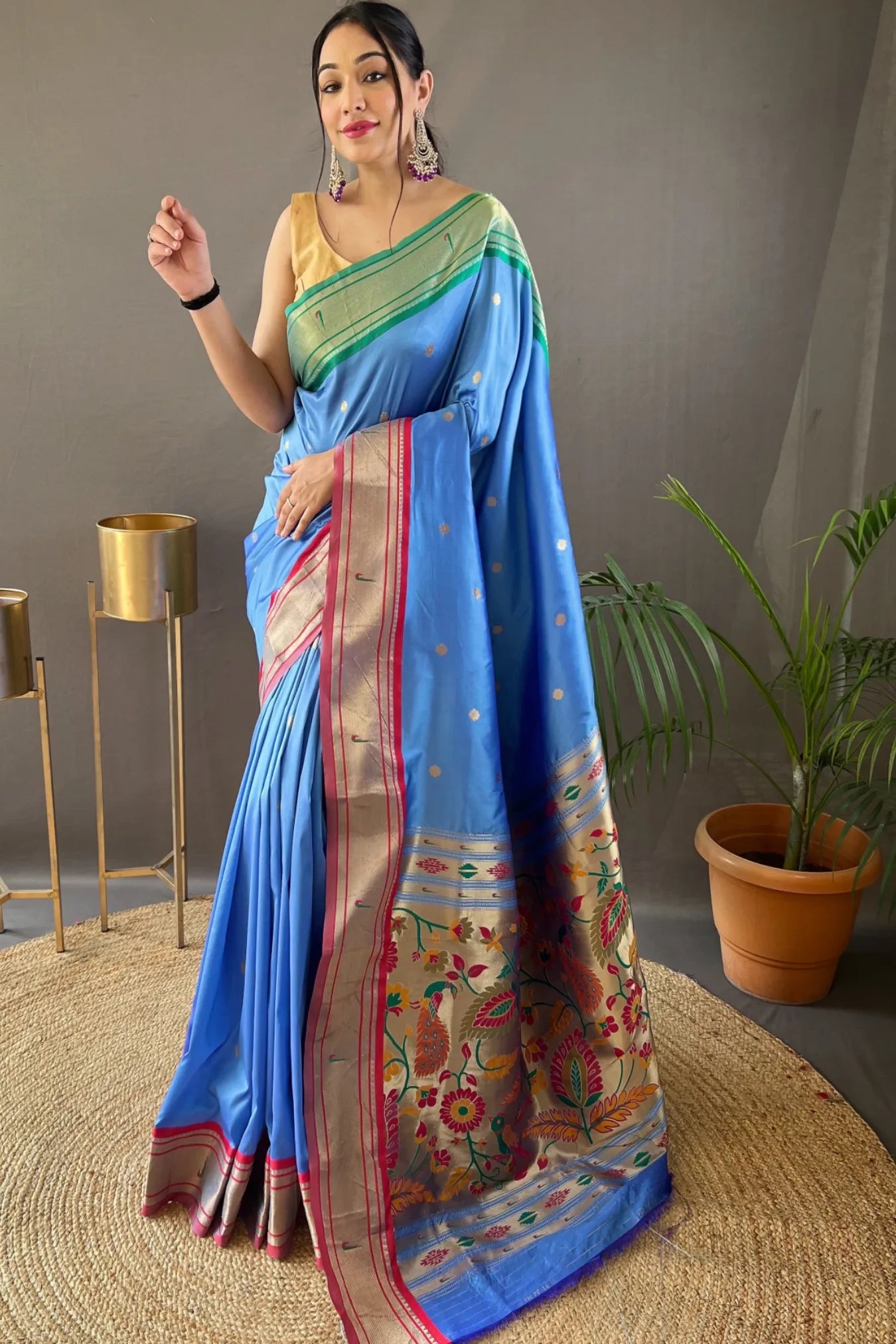 Light Blue Colour Floral Woven Paithani Silk Saree