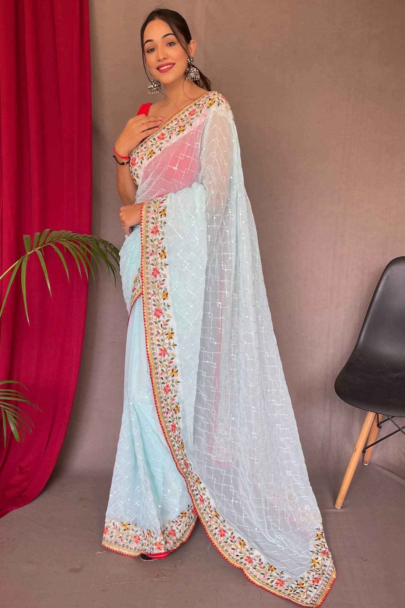 Light Blue Colour Georgette Sequins Embroidered Saree