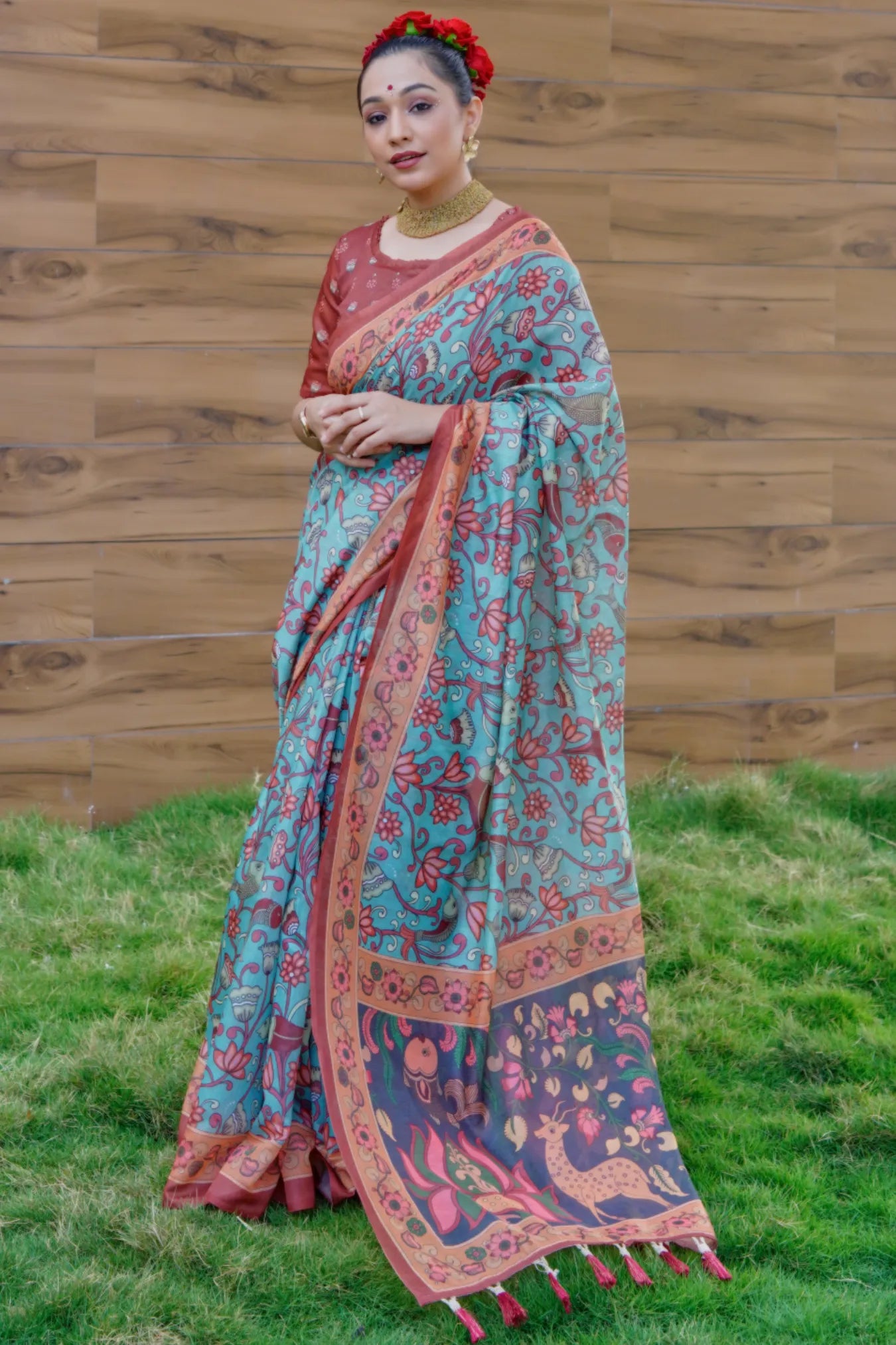 Light Blue Colour Kalamkari Digital Printed Cotton Silk Saree