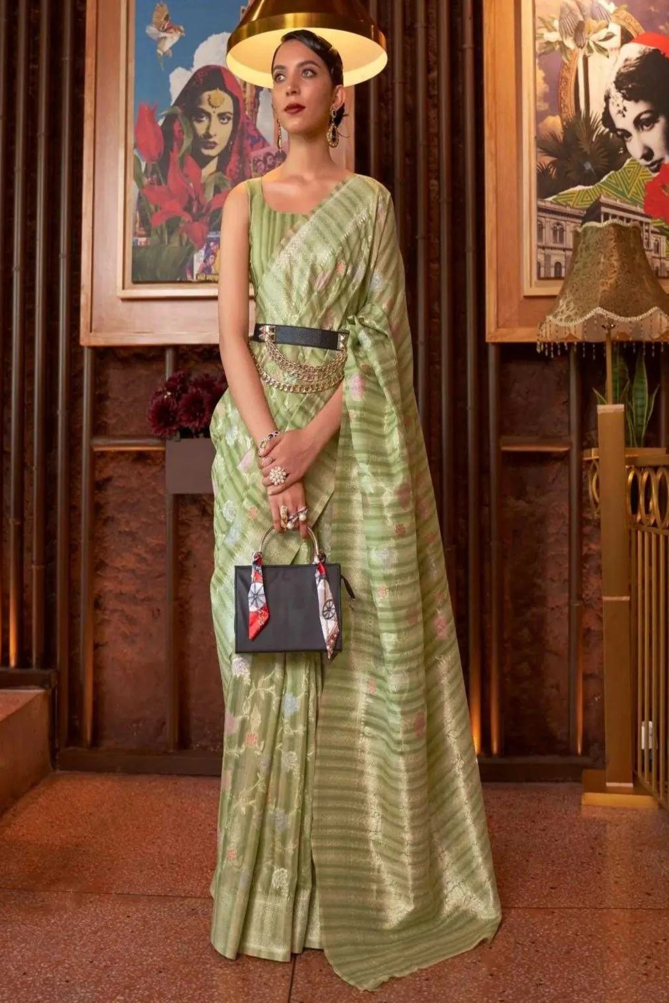 Light Green Colour Wedding Festive Wear Linen Silk Saree