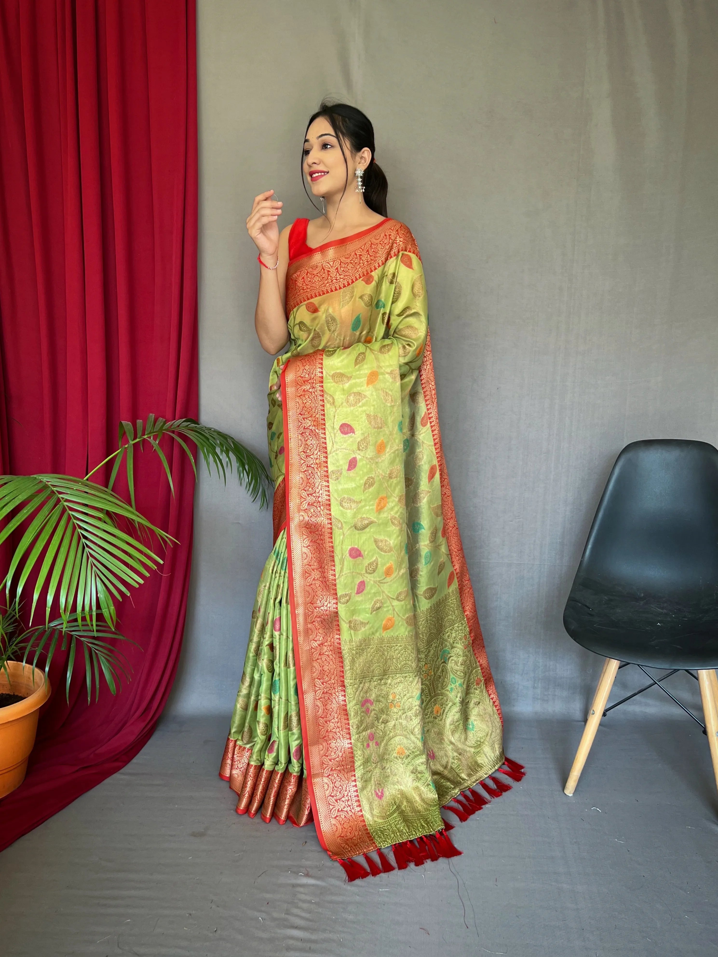 Light Green Colour Meenakari Woven Kanjivaram Tissue Silk Saree