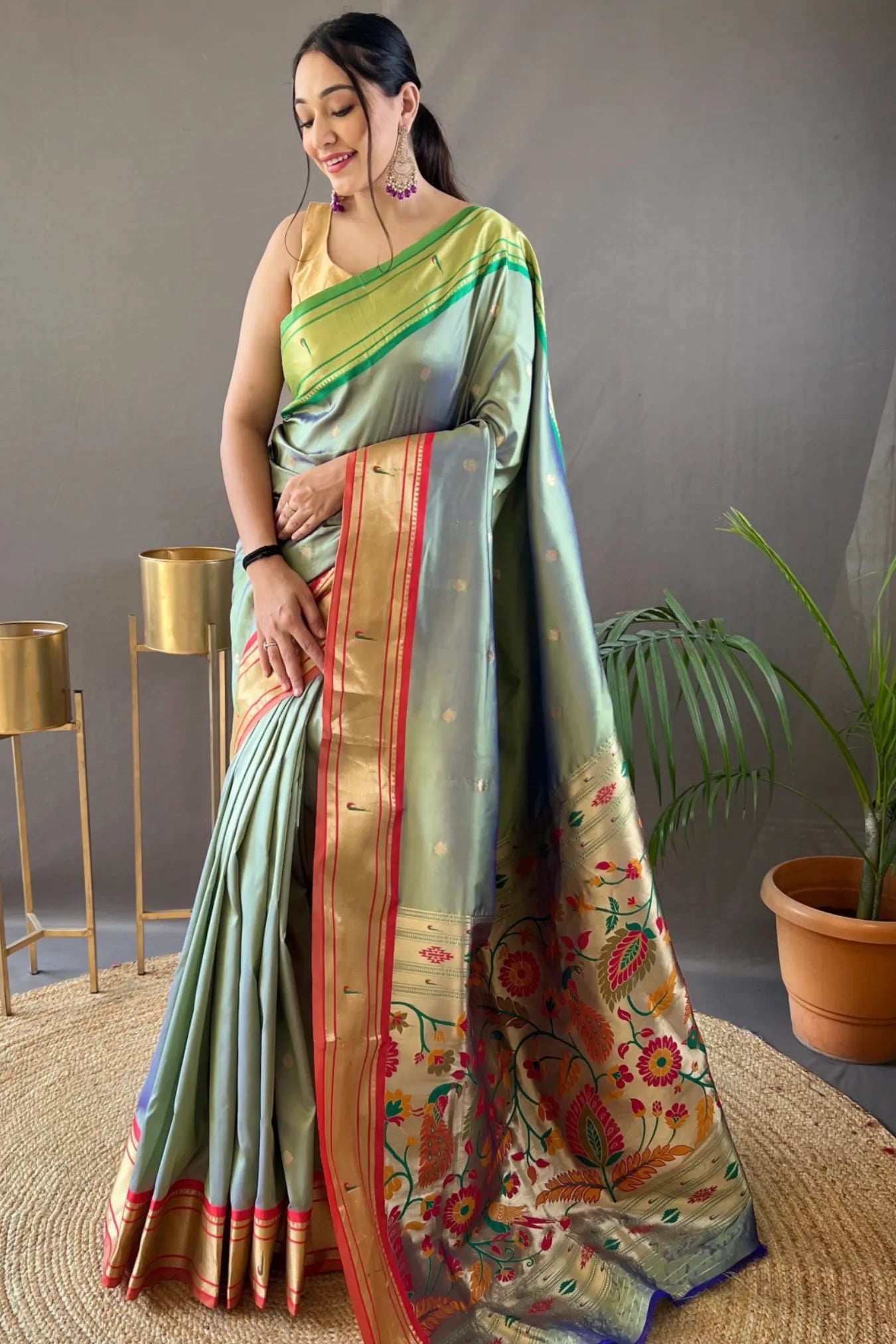 Light Green Colour Zari Weaving Paithani Silk Saree
