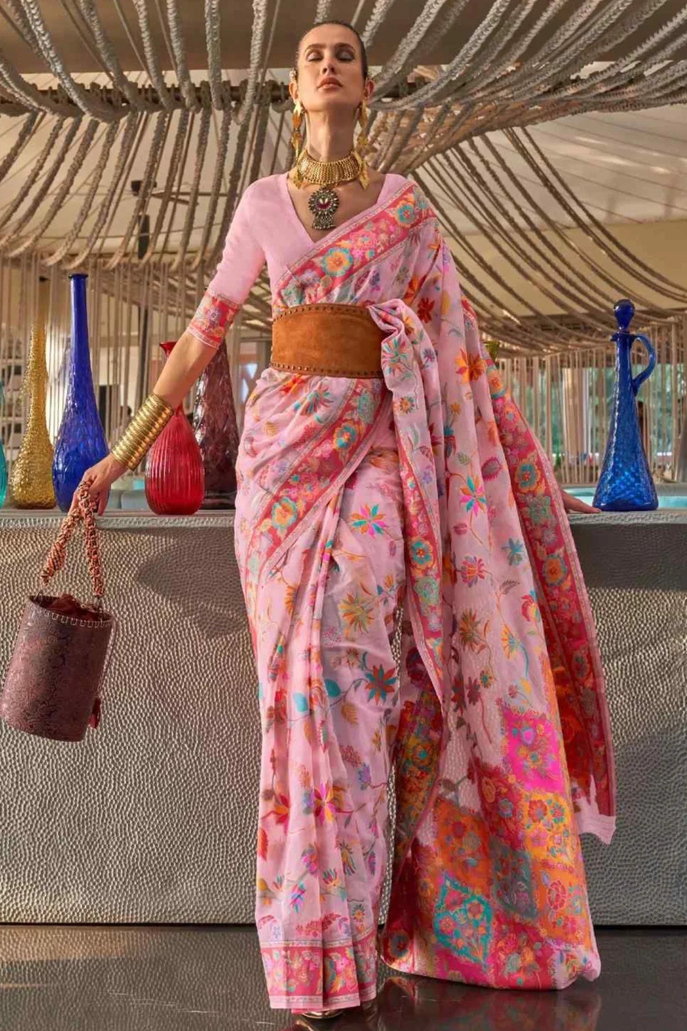 Light Pink Colour Kashmiri Modal Silk Saree