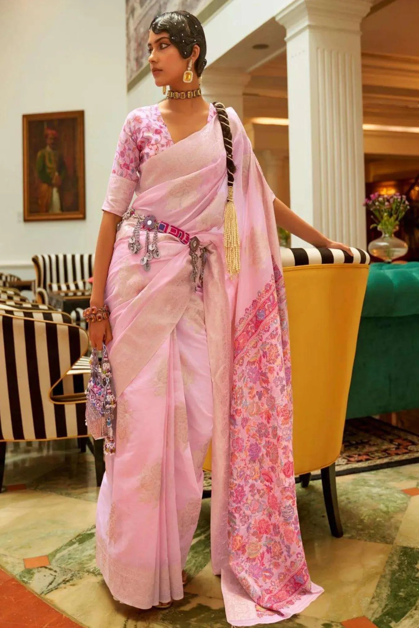 Light Pink Colour Kashmiri Woven Handloom Silk Saree