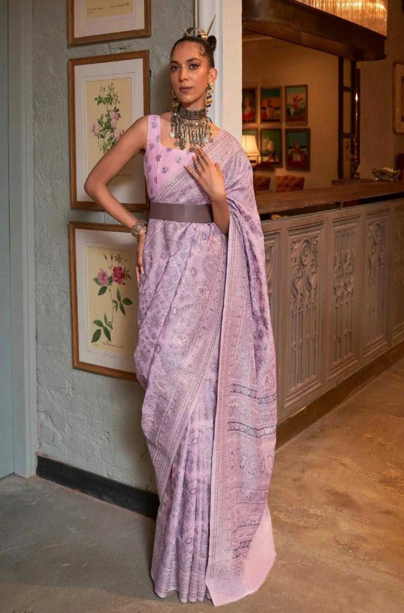 Light Pink Colour Kashmiri Woven Handloom Silk Saree