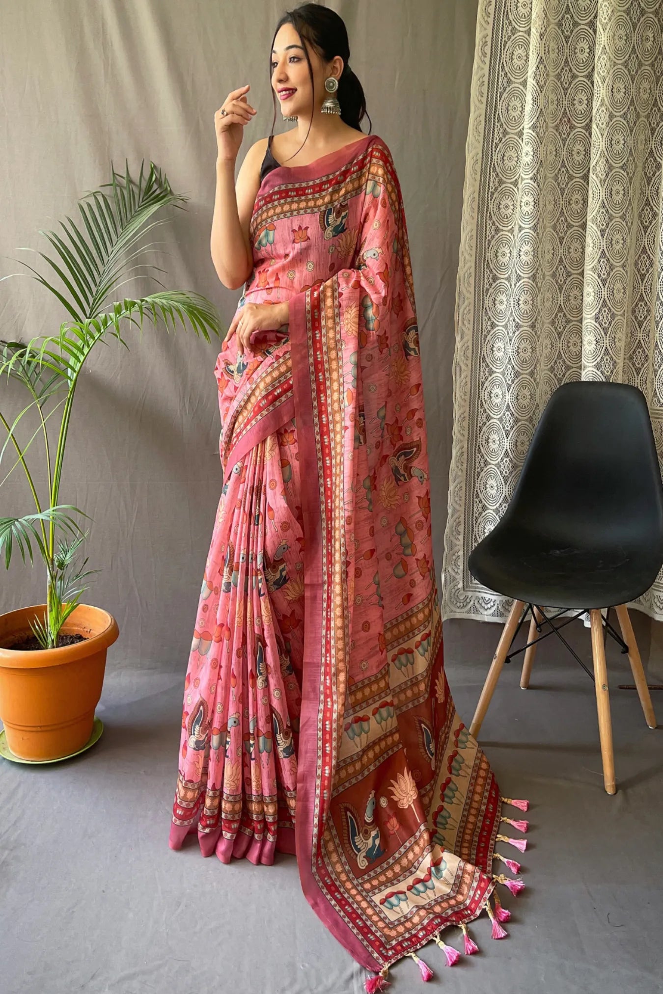 Light Pink Colour Malai Cotton Kalamkari Printed Silk Saree