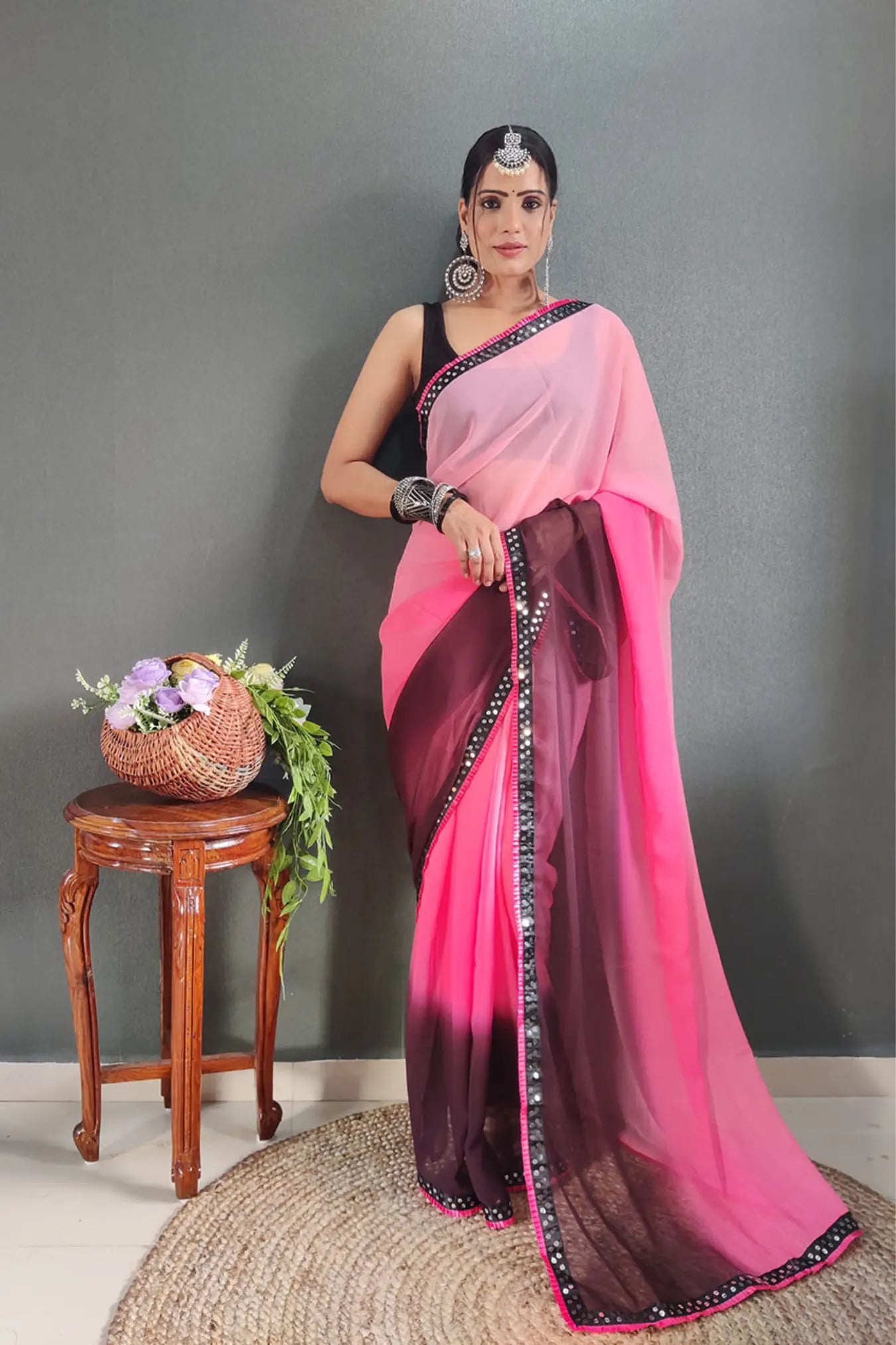 Light Pink Colour Ready To Wear Two Colors Shaded Silk Saree