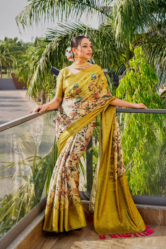Luxurious Yellow Colour Zari Woven Kalamkari Silk Saree
