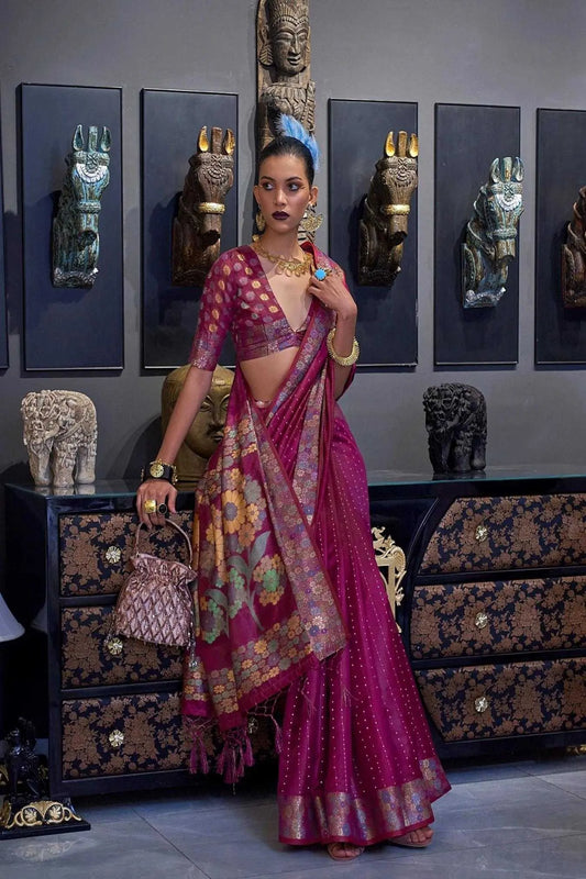 Magenta Pink Colour Zari Woven Bollywood Style Organza Silk Saree