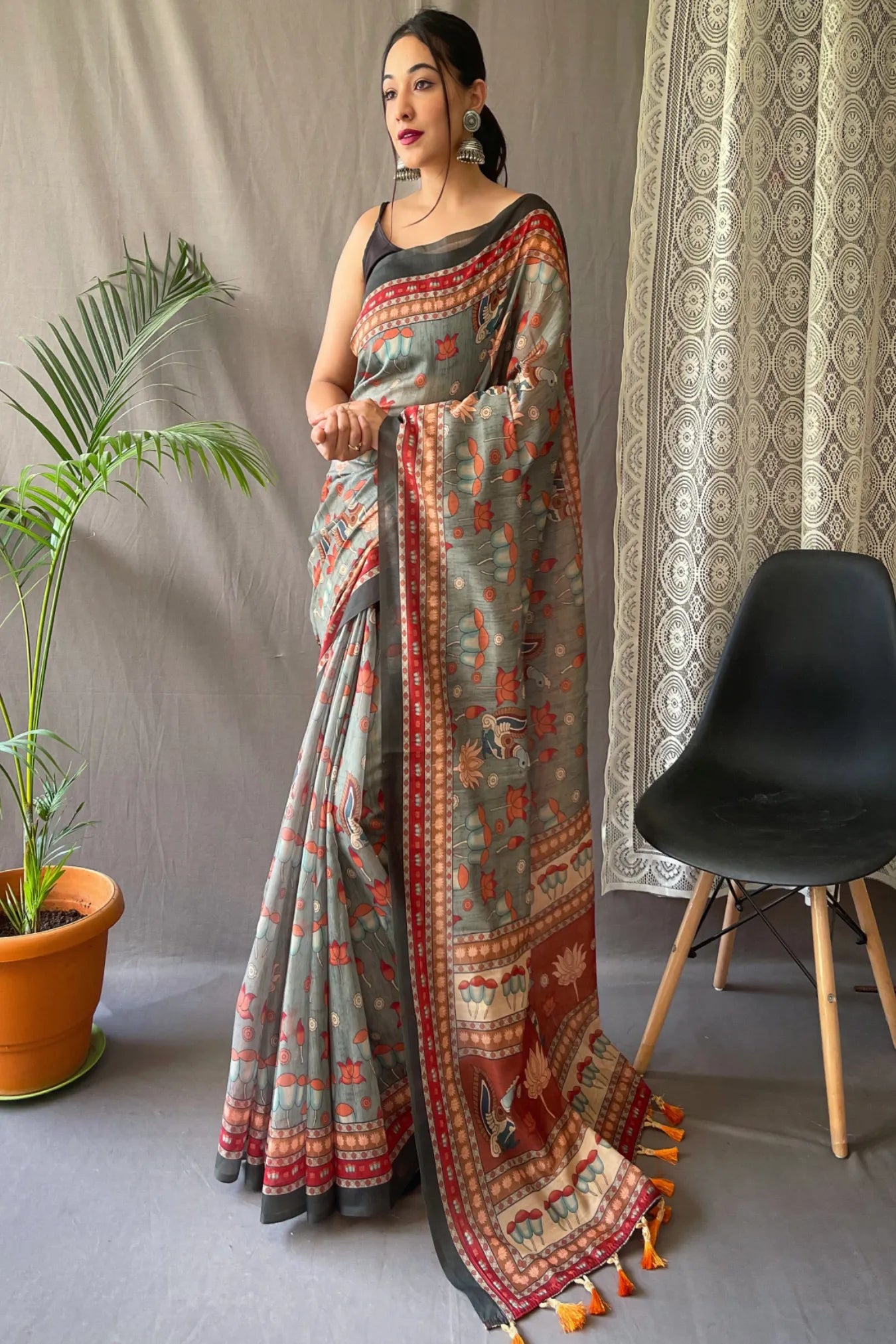 Grey Colour Kalamkari Printed Silk Saree