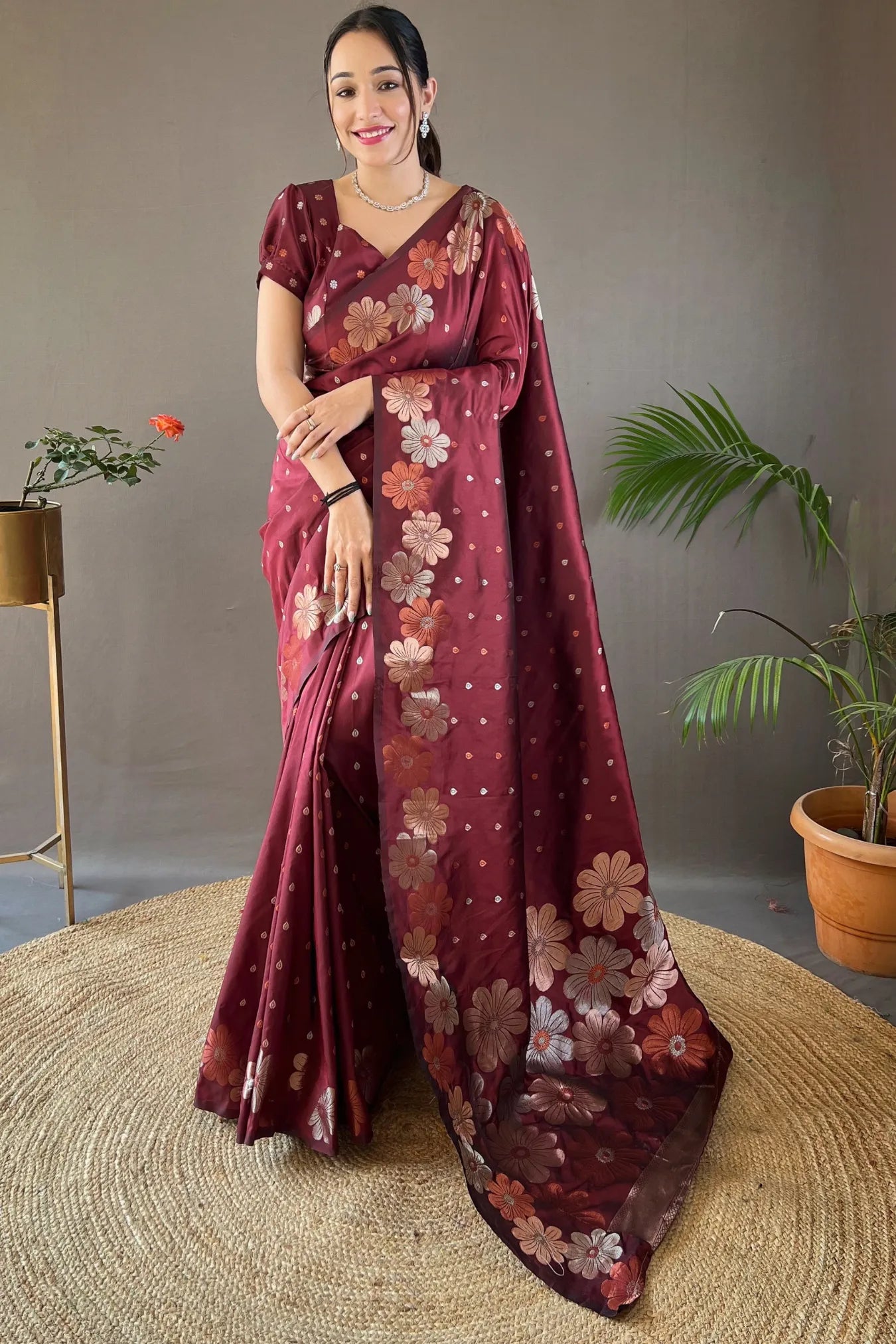 Maroon Colour Floral Weaving Banarasi Silk Saree
