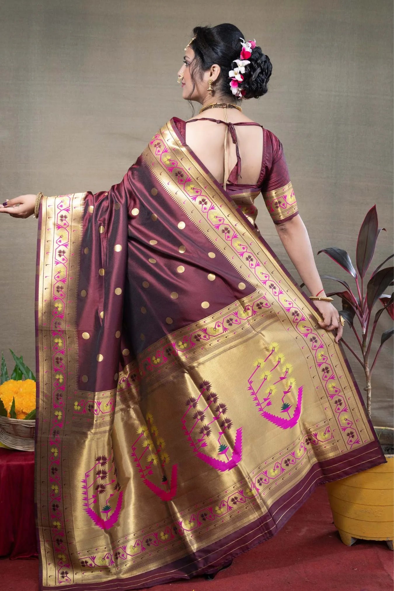 Maroon Colour Floral Woven Paithani Kanjivaram Soft Silk Saree