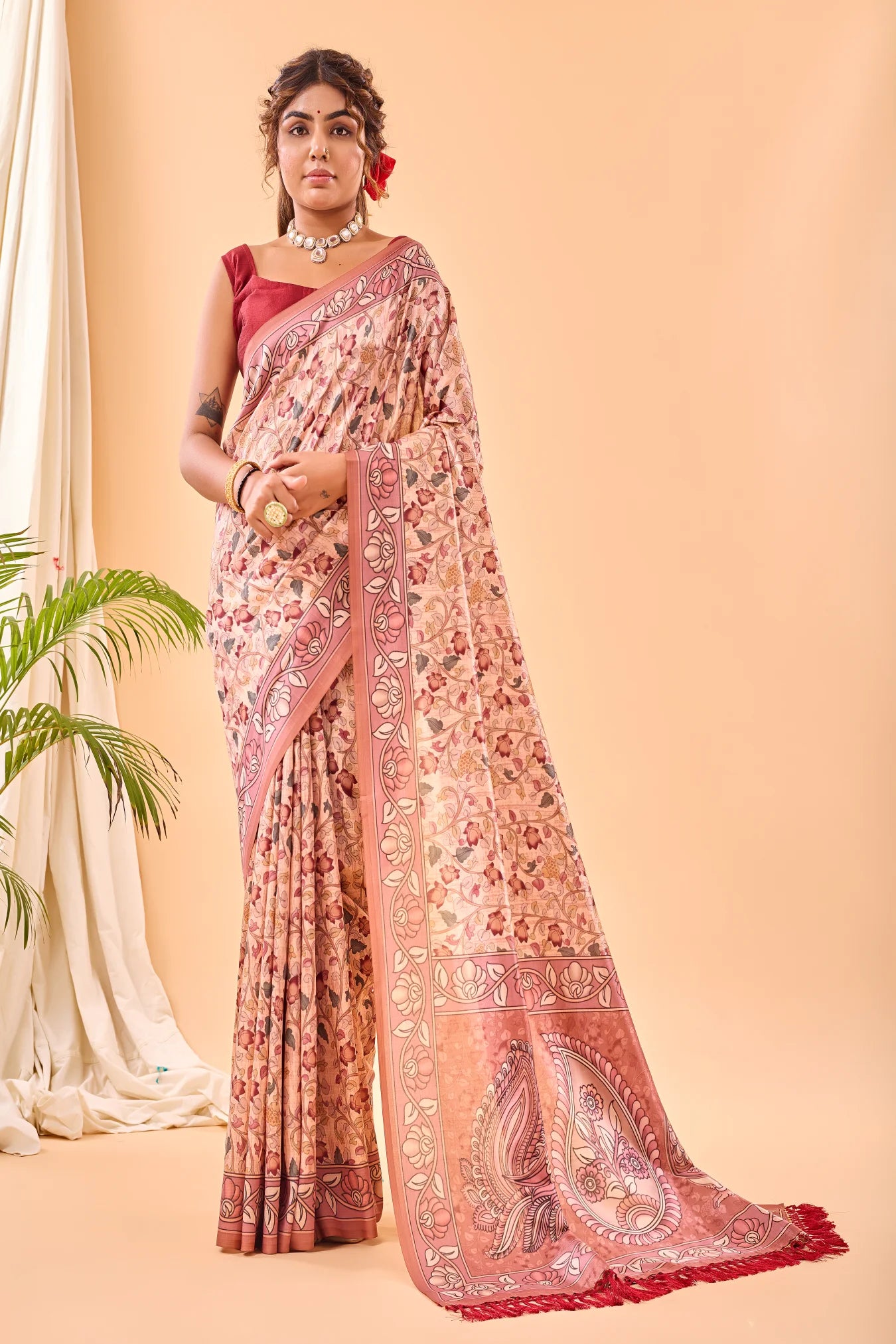 Maroon Colour Floral Printed Kalamkari Soft Silk Saree