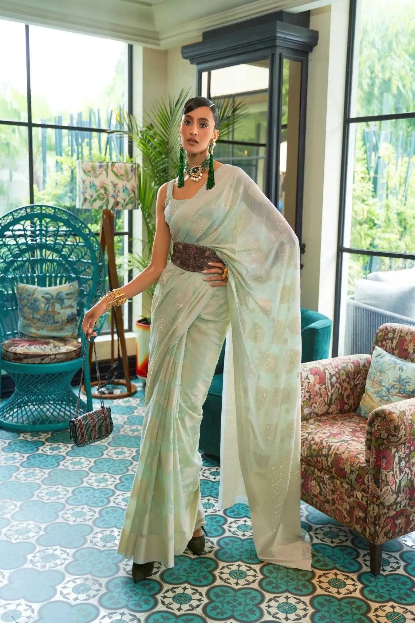 Mint Green Colour Zari Woven Lucknowi Cotton Silk Saree