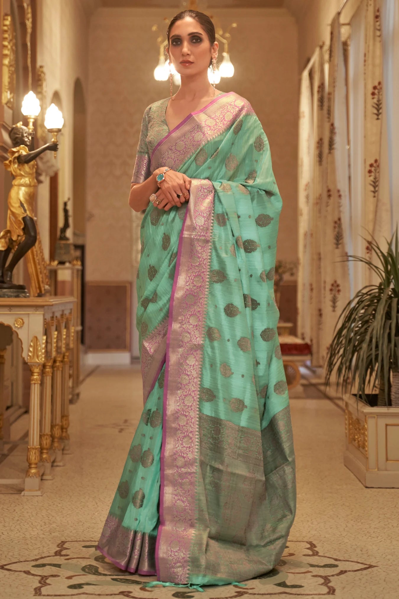 Mint Green Colour Zari Woven Banarasi Handloom Silk Saree