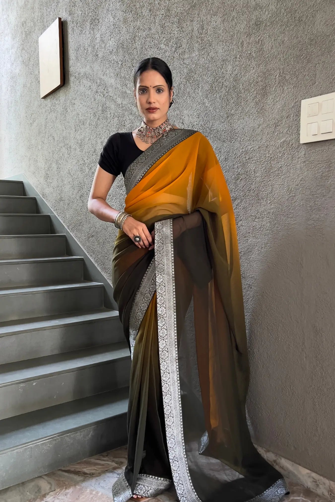 Mustard Colour Georgette Silk Two Shaded Ready To Wear Saree