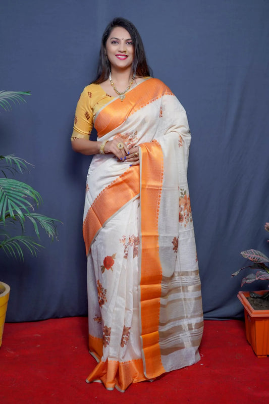 Off White Colour Indian Wear Linen Silk Saree
