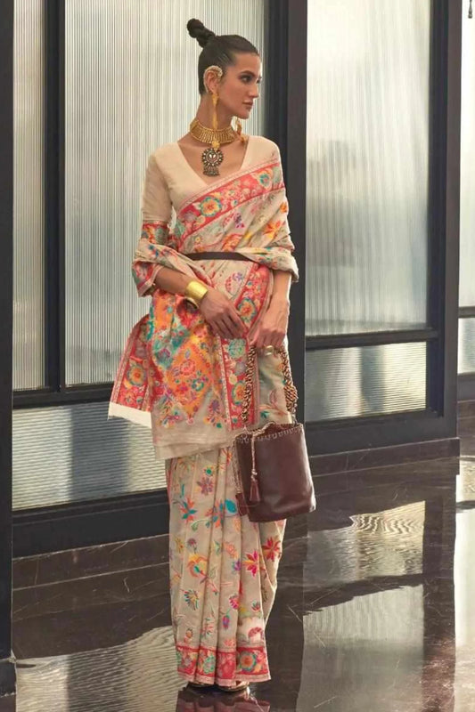 Off White Colour Kashmiri Woven Handloom Silk Saree 