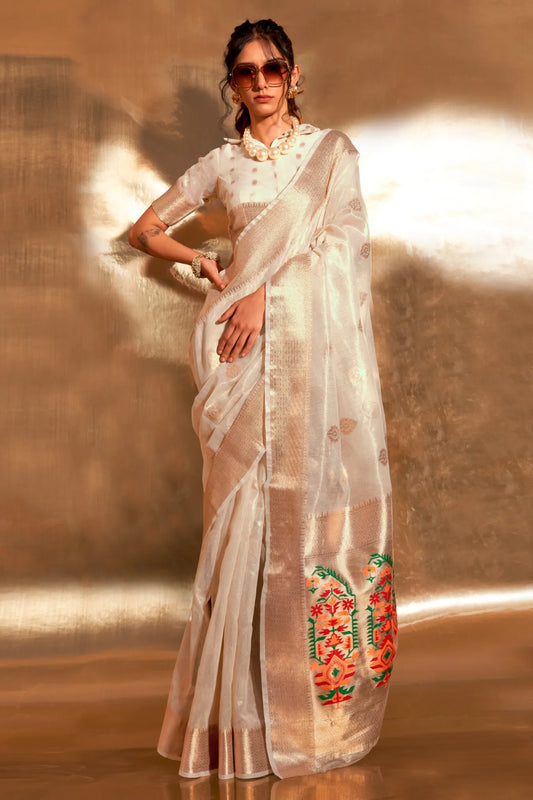 Latest Designer Off White Colour Organza Soft Silk Saree