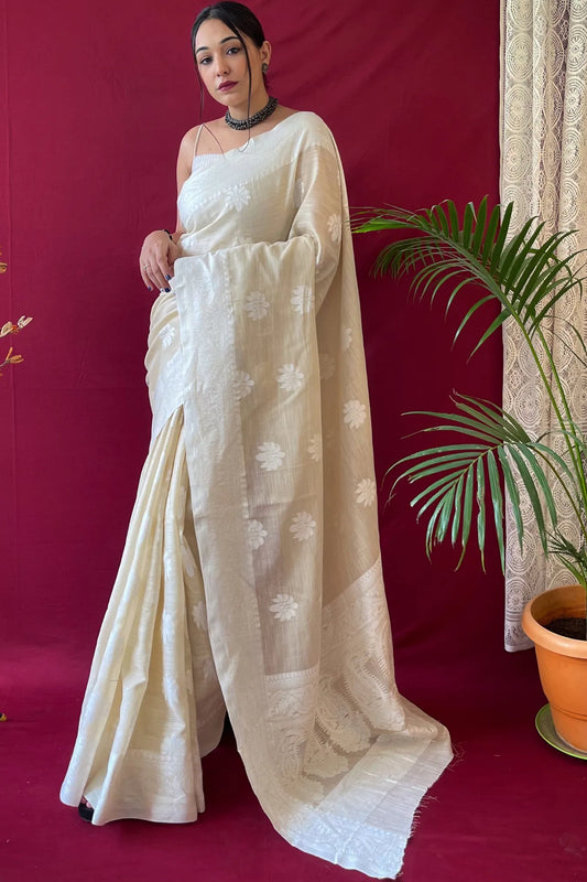 Off White Colour Lucknowi Linen Cotton Silk Saree