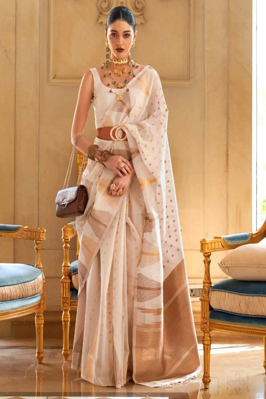 Off White Colour Zari Weaving Tissue Silk Saree 