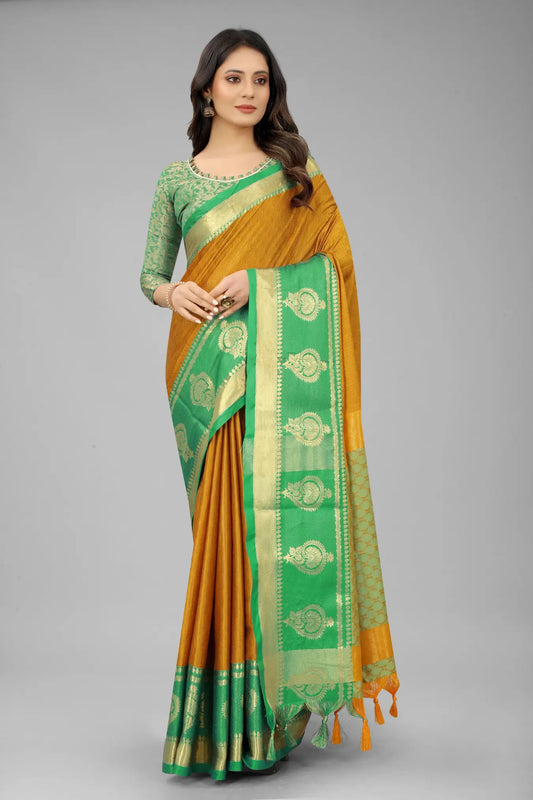 Yellow Colour Ready To Wear Banarasi Cotton Silk Saree