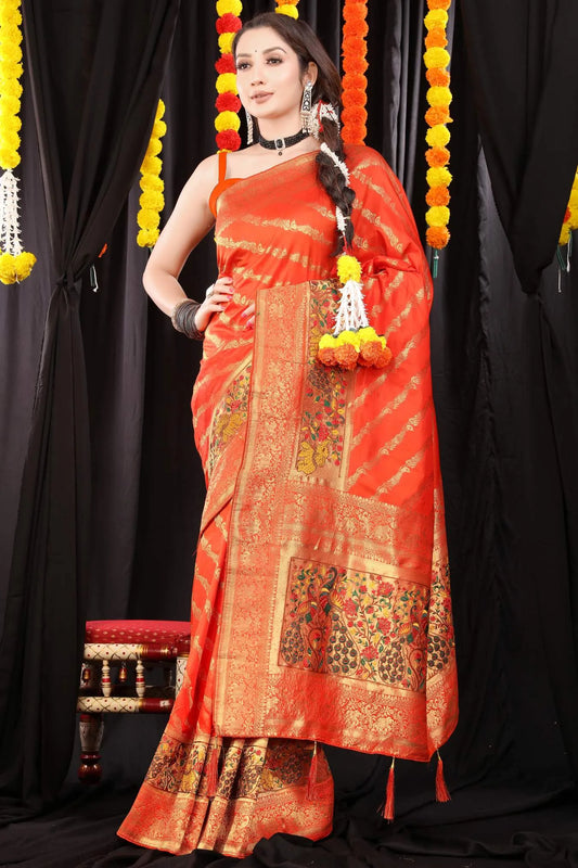 Orange Colour Beautiful Designer Blend Banarasi Silk Saree