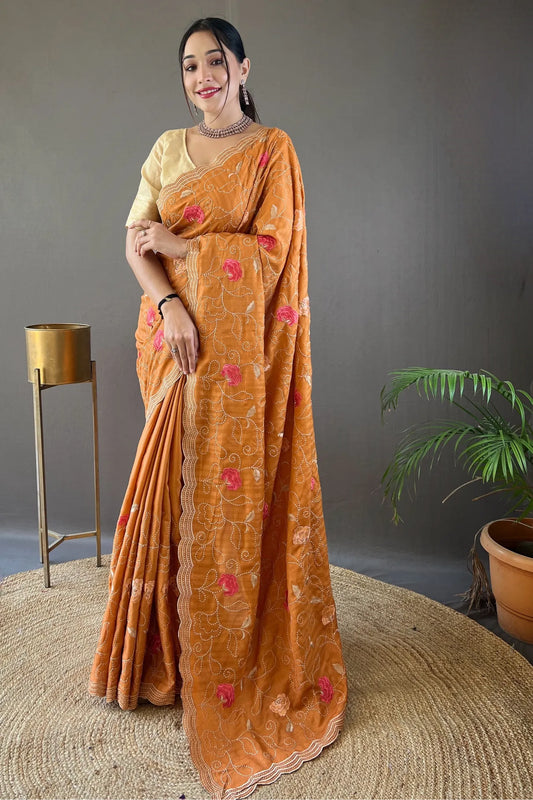 Orange Colour Floral Design Handloom Tussar Silk Saree