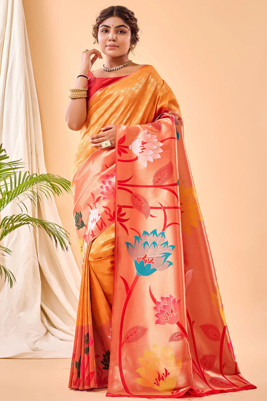 Orange Colour Floral Woven Paithani Silk Saree 