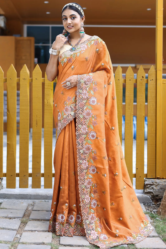Orange Colour Handloom Designer Silk Saree