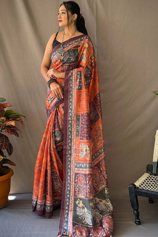 Orange Colour Kalamkari Cotton Silk Saree 