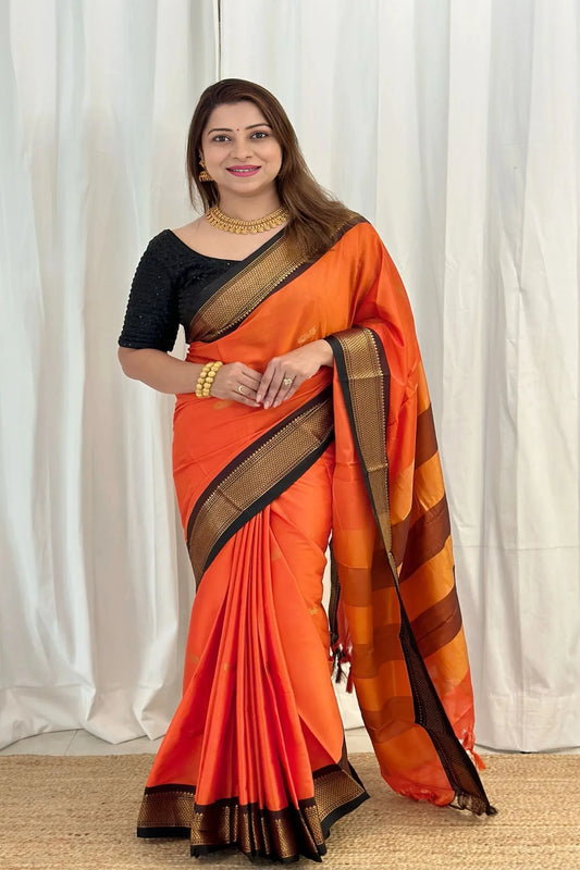 Orange Colour Kanjivaram Silk Saree with Black Contrast Border